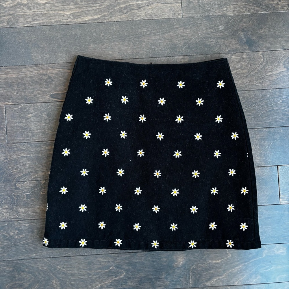 Twik black denim daisy embroidered skirt